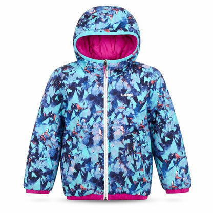 Front view of Decathlon girls’ multicoloured geometric puffer jacket jacket, size 5, years zip - reversible