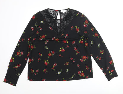 Warehouse Womens Black Floral Polyester Basic Blouse Size 14 Round Neck - Lace