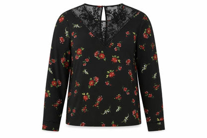 Warehouse Womens Black Floral Polyester Basic Blouse Size 14 Round Neck - Lace