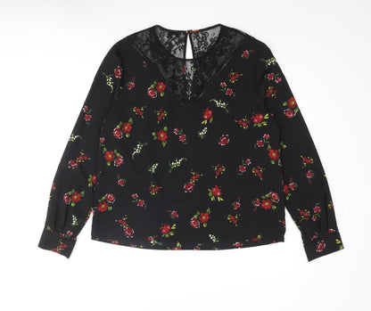 Warehouse Womens Black Floral Polyester Basic Blouse Size 14 Round Neck - Lace