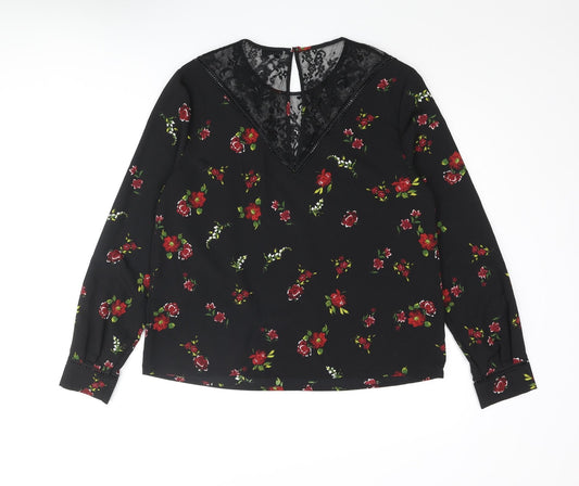 Warehouse Womens Black Floral Polyester Basic Blouse Size 14 Round Neck - Lace
