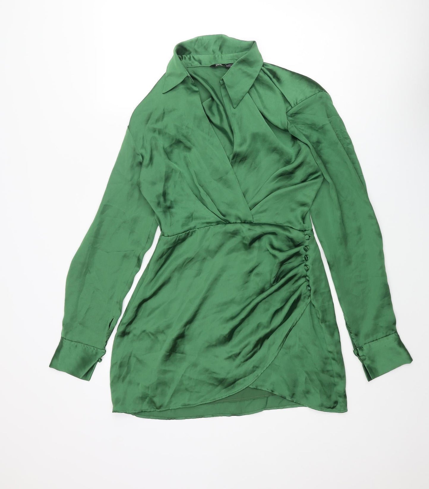 Zara Womens Green Polyester Wrap Dress Size S Collared Button