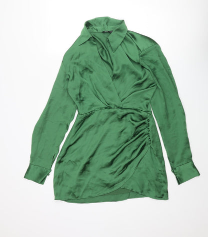 Zara Womens Green Polyester Wrap Dress Size S Collared Button