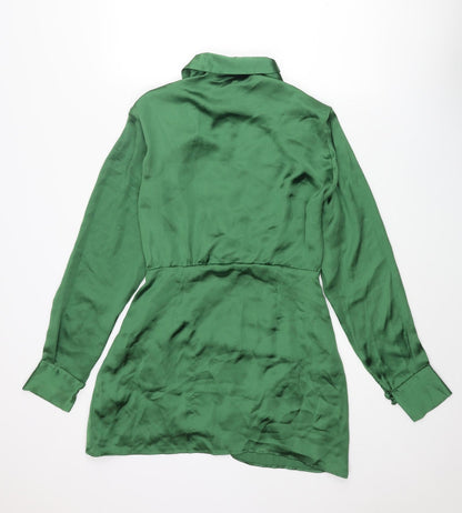 Zara Womens Green Polyester Wrap Dress Size S Collared Button