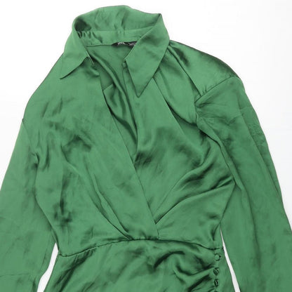Zara Womens Green Polyester Wrap Dress Size S Collared Button
