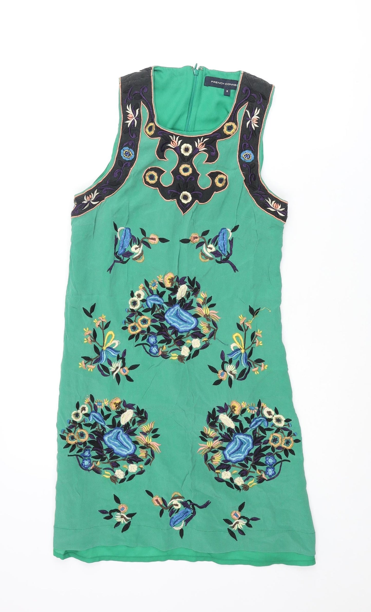 French Connection Womens Green Silk Shift Size 8 Scoop Neck Zip - Embroidered