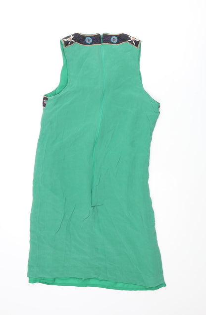 French Connection Womens Green Silk Shift Size 8 Scoop Neck Zip - Embroidered