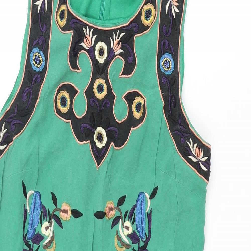 French Connection Womens Green Silk Shift Size 8 Scoop Neck Zip - Embroidered