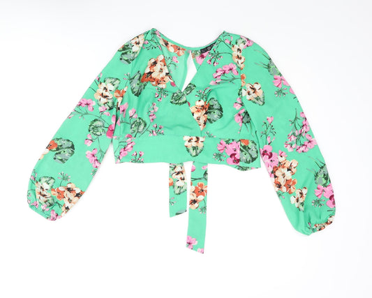 Quiz Womens Green Floral Polyester Cropped Blouse Size 6 V-Neck