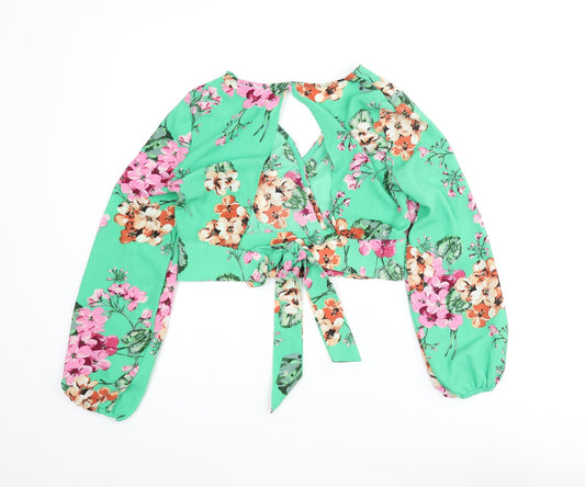 Quiz Womens Green Floral Polyester Cropped Blouse Size 6 V-Neck