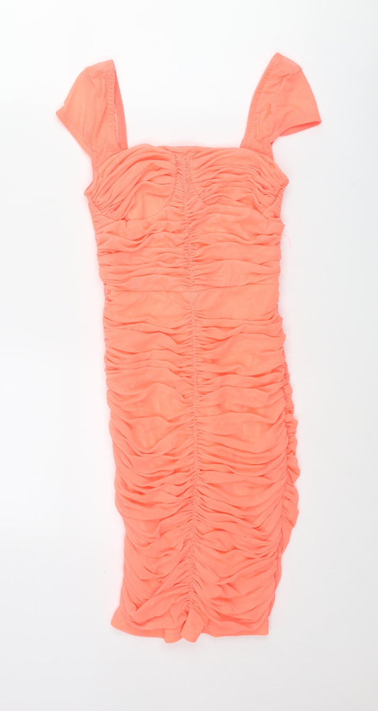 PRETTYLITTLETHING Womens Orange Polyester Mini Size 4 Square Neck Pullover - Rouched