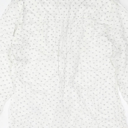 BHS Womens White Geometric Modal Basic Button-Up Size 14 Round Neck