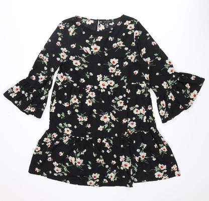 New Look Womens Black Floral Polyester A-Line Size 10 Round Neck Button - Smocked Frill