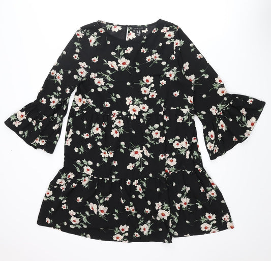New Look Womens Black Floral Polyester A-Line Size 10 Round Neck Button - Smocked Frill