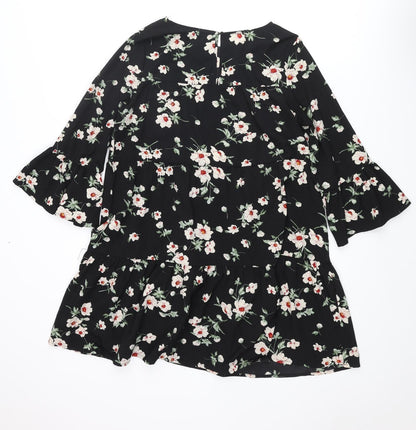 New Look Womens Black Floral Polyester A-Line Size 10 Round Neck Button - Smocked Frill