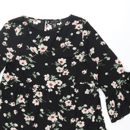 New Look Womens Black Floral Polyester A-Line Size 10 Round Neck Button - Smocked Frill