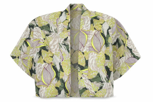 Front view of Fashion Union women’s multicoloured floral polyester kimono blouse, size S, v-neck