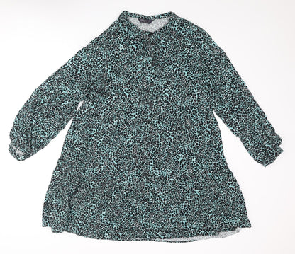Marks and Spencer Womens Blue Animal Print Polyester A-Line Size 14 Round Neck Button - Leopard Print