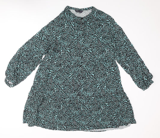 Marks and Spencer Womens Blue Animal Print Polyester A-Line Size 14 Round Neck Button - Leopard Print