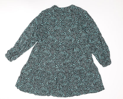 Marks and Spencer Womens Blue Animal Print Polyester A-Line Size 14 Round Neck Button - Leopard Print