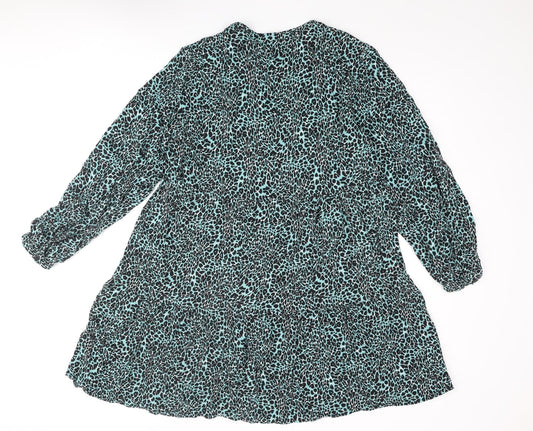 Marks and Spencer Womens Blue Animal Print Polyester A-Line Size 14 Round Neck Button - Leopard Print