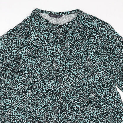 Marks and Spencer Womens Blue Animal Print Polyester A-Line Size 14 Round Neck Button - Leopard Print