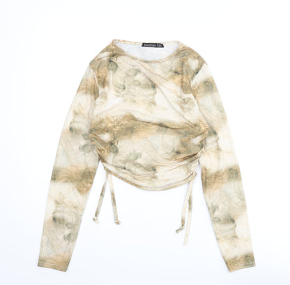 Boohoo Womens Beige Geometric Polyester Cropped T-Shirt Size 10 Round Neck - Drawstring