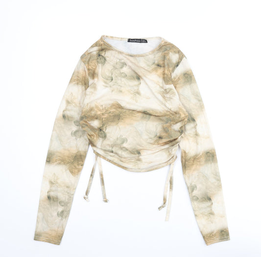 Boohoo Womens Beige Geometric Polyester Cropped T-Shirt Size 10 Round Neck - Drawstring