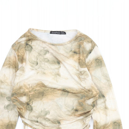 Boohoo Womens Beige Geometric Polyester Cropped T-Shirt Size 10 Round Neck - Drawstring