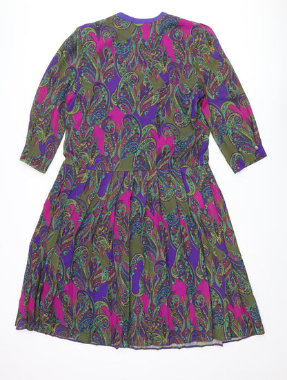 Godske Womens Multicoloured Geometric Polyester Shift Size 12 Round Neck Button - Pleated
