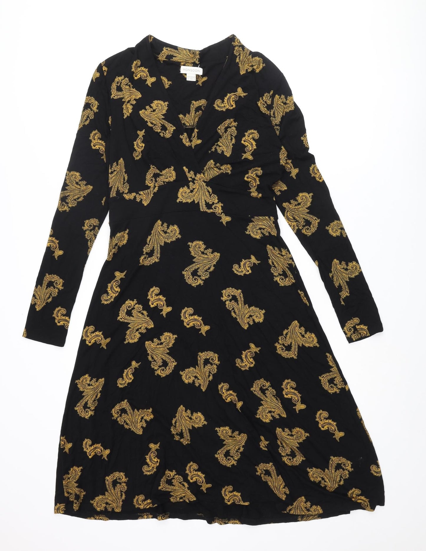 Monsoon Womens Black Geometric Viscose A-Line Size 12 V-Neck Pullover