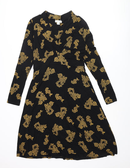 Monsoon Womens Black Geometric Viscose A-Line Size 12 V-Neck Pullover