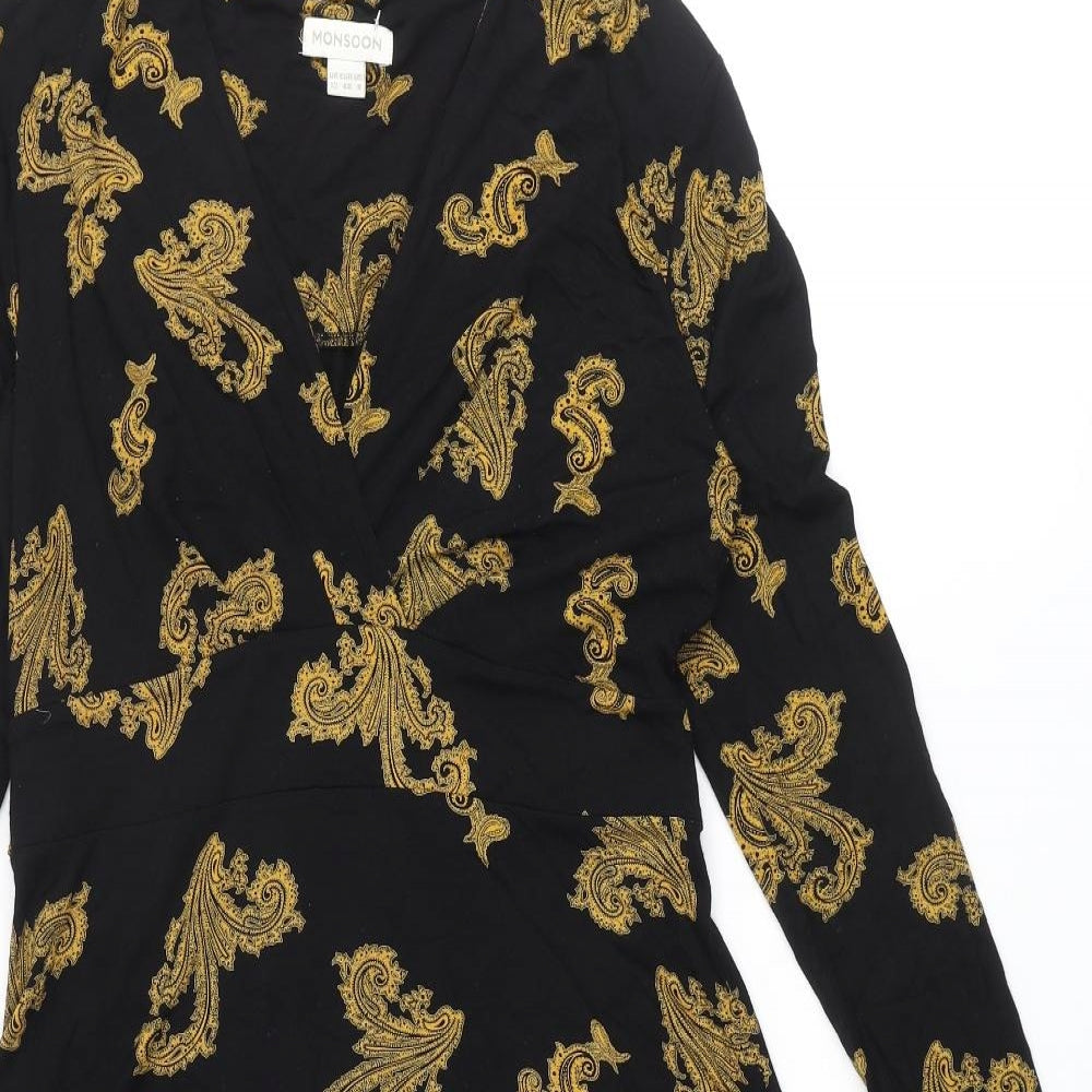 Monsoon Womens Black Geometric Viscose A-Line Size 12 V-Neck Pullover