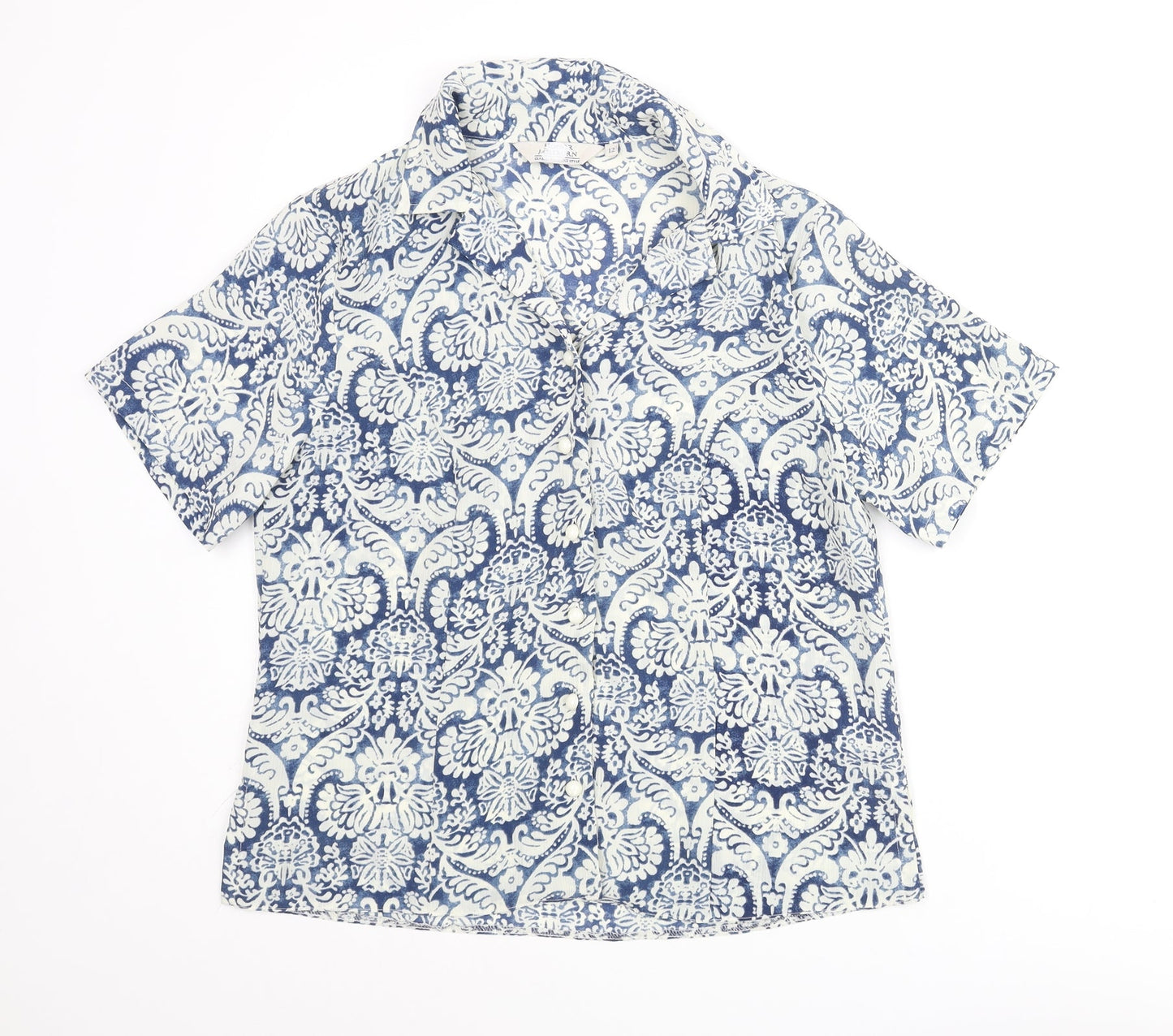 EWM Womens Blue Geometric Polyester Basic Button-Up Size 12 Collared