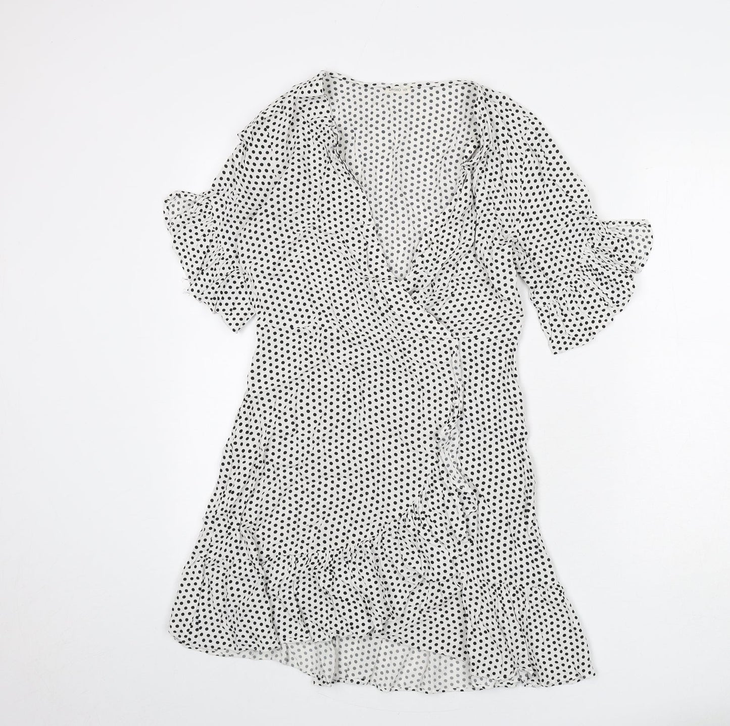 Oysho Womens White Polka Dot Viscose A-Line Size M V-Neck Pullover - Ruffle Detail