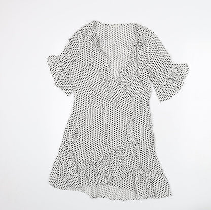 Oysho Womens White Polka Dot Viscose A-Line Size M V-Neck Pullover - Ruffle Detail