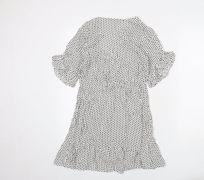Oysho Womens White Polka Dot Viscose A-Line Size M V-Neck Pullover - Ruffle Detail