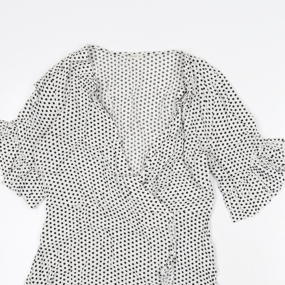 Oysho Womens White Polka Dot Viscose A-Line Size M V-Neck Pullover - Ruffle Detail