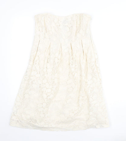VILA Womens Beige Geometric Cotton A-Line Size M Off the Shoulder Zip - Lace Overlay