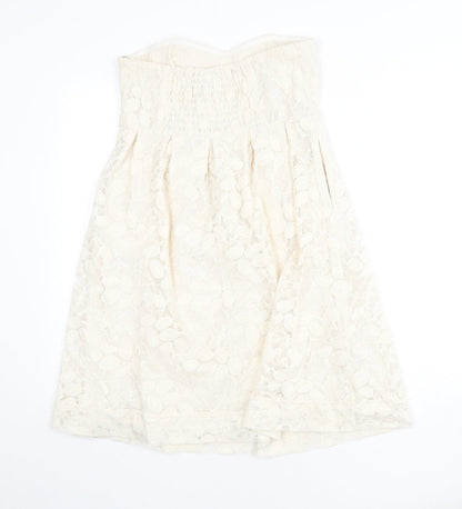 VILA Womens Beige Geometric Cotton A-Line Size M Off the Shoulder Zip - Lace Overlay
