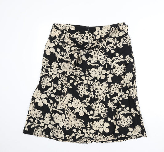 M&Co Womens Black Floral Cotton Flare Skirt Size 12 Zip - Tie Detail