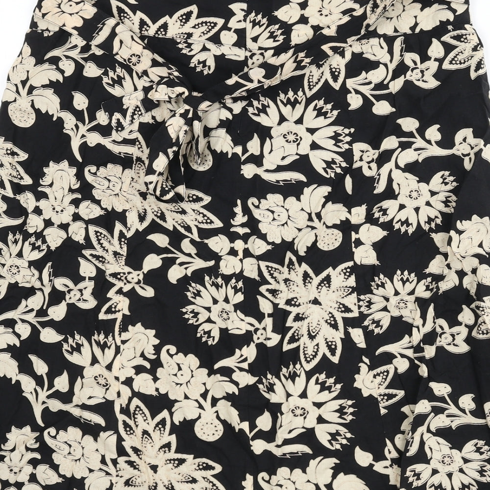 M&Co Womens Black Floral Cotton Flare Skirt Size 12 Zip - Tie Detail