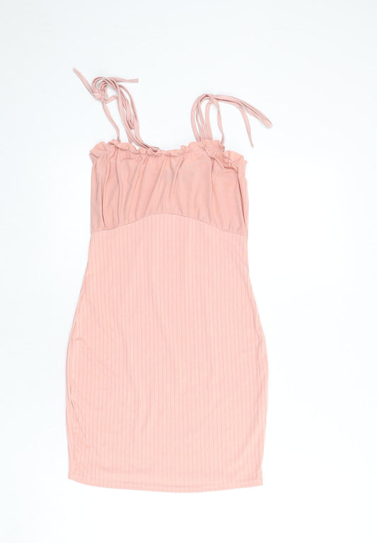 PRETTYLITTLETHING Womens Pink Polyester Bodycon Size 8 Square Neck Tie - Ribbed