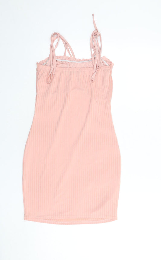 PRETTYLITTLETHING Womens Pink Polyester Bodycon Size 8 Square Neck Tie - Ribbed