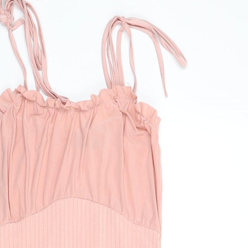 PRETTYLITTLETHING Womens Pink Polyester Bodycon Size 8 Square Neck Tie - Ribbed