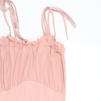 PRETTYLITTLETHING Womens Pink Polyester Bodycon Size 8 Square Neck Tie - Ribbed