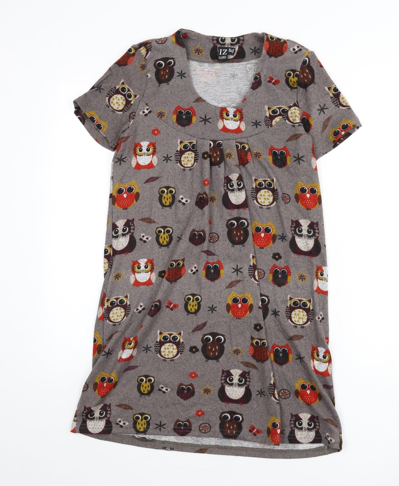 Izabel London Womens Brown Geometric Polyester A-Line Size 8 Scoop Neck Pullover - Owls