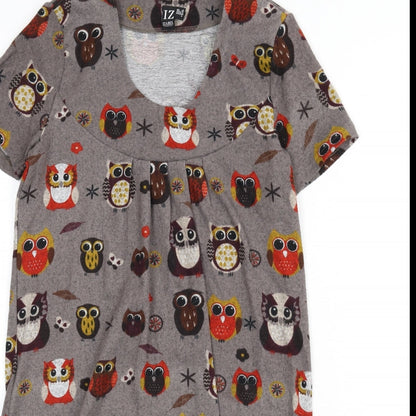 Izabel London Womens Brown Geometric Polyester A-Line Size 8 Scoop Neck Pullover - Owls
