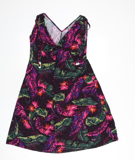 Marks and Spencer Womens Multicoloured Floral Viscose A-Line Size 10 V-Neck Pullover - Leaves