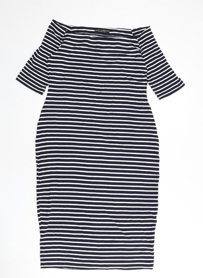BLU Womens Blue Striped Viscose Bodycon Size 12 Off the Shoulder Pullover